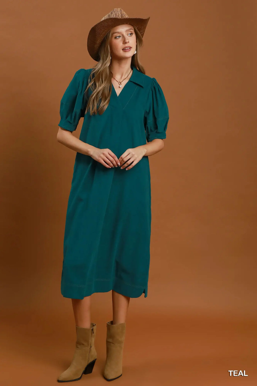 Corduroy Collared Puff Sleeve Midi Dress