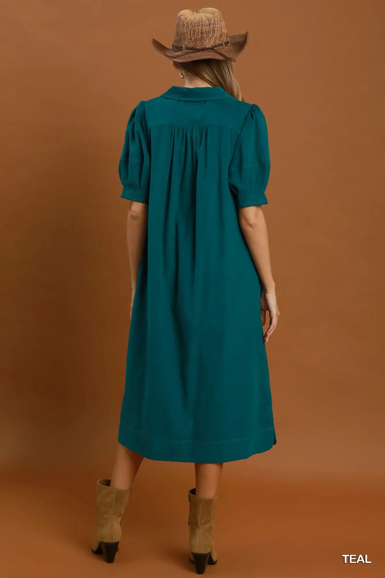 Corduroy Collared Puff Sleeve Midi Dress