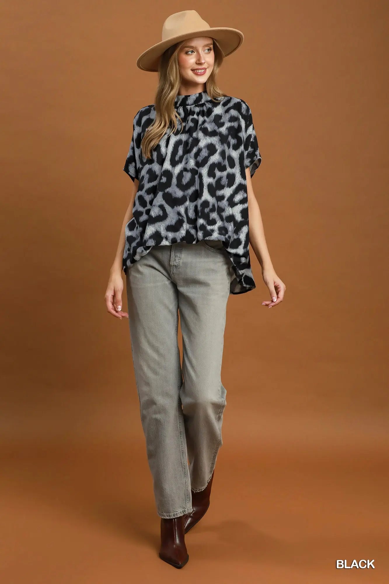 Leopard Print Mock Neck Blouse