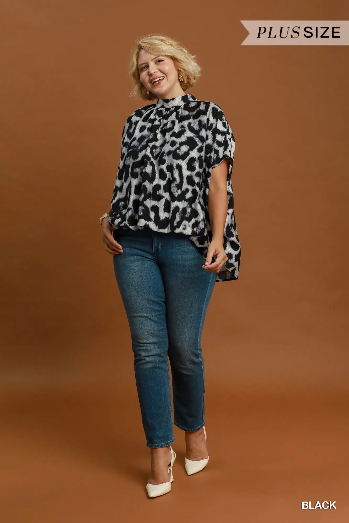 Leopard Print Mock Neck Blouse Top PLUS