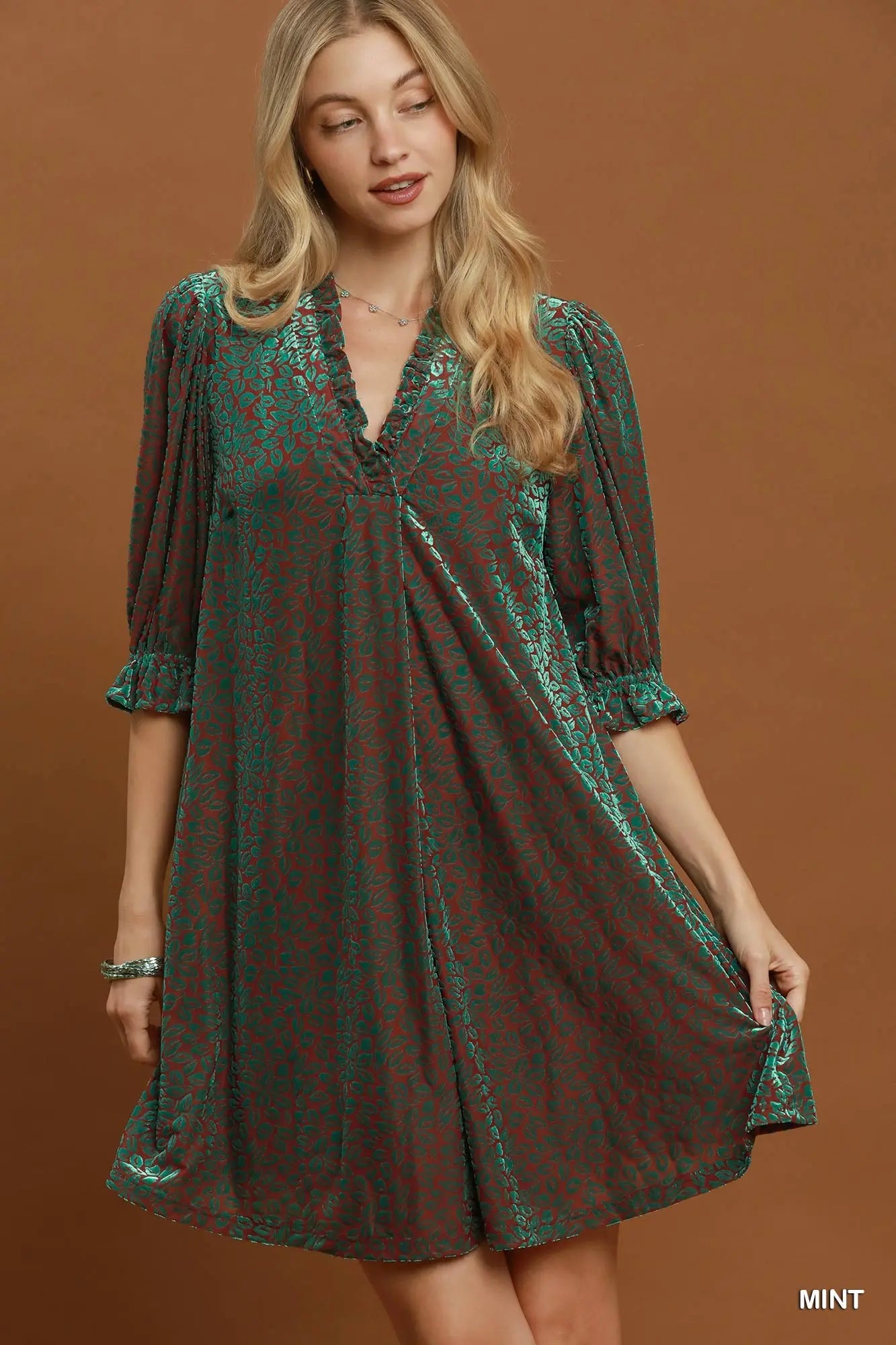 Velvet Ruffle Neck Animal Inspired Print Dress