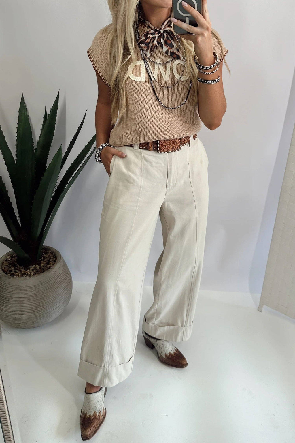 Howdy Western Knit Sweater Vest Contrast Trim Top