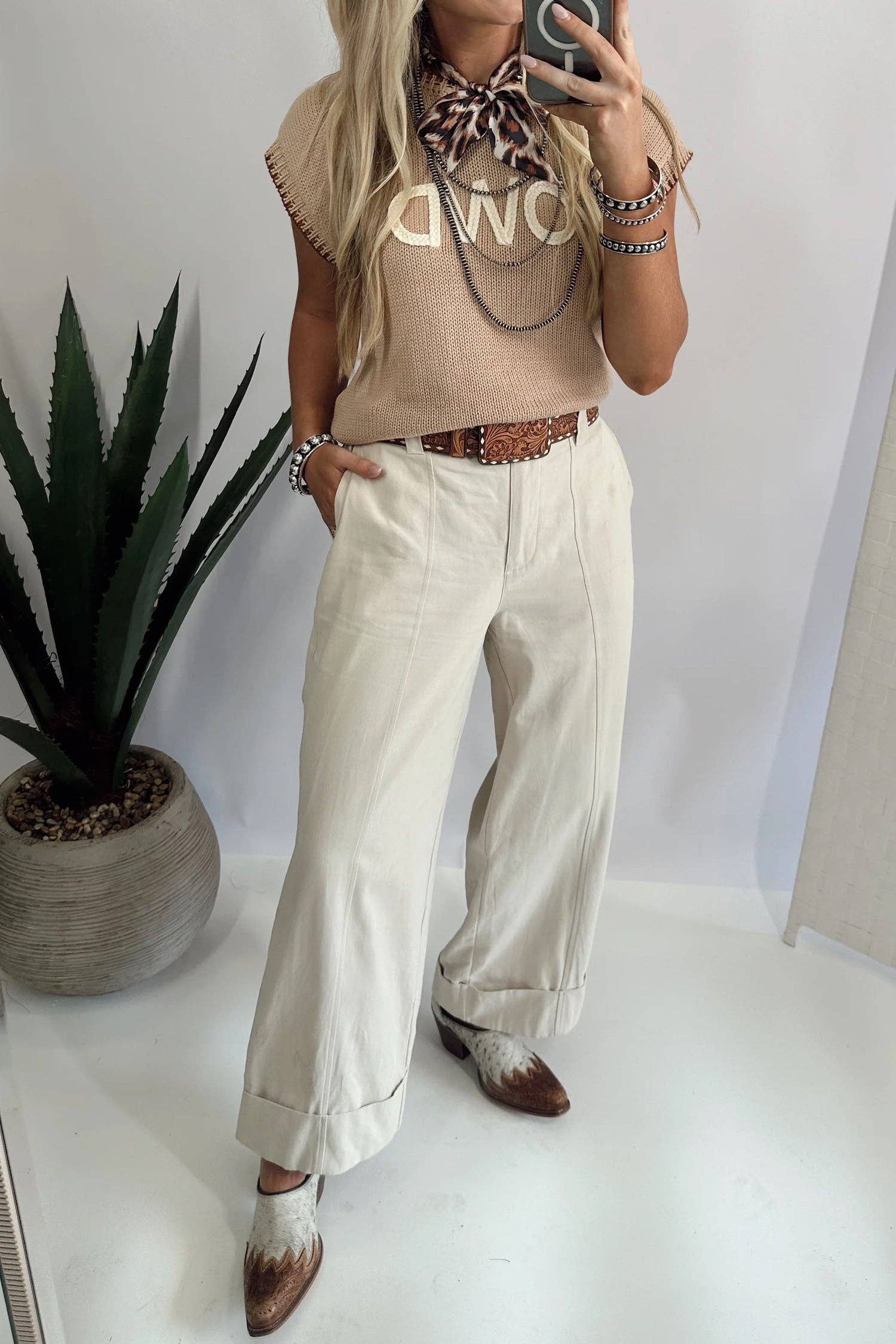 Howdy Western Knit Sweater Vest Contrast Trim Top