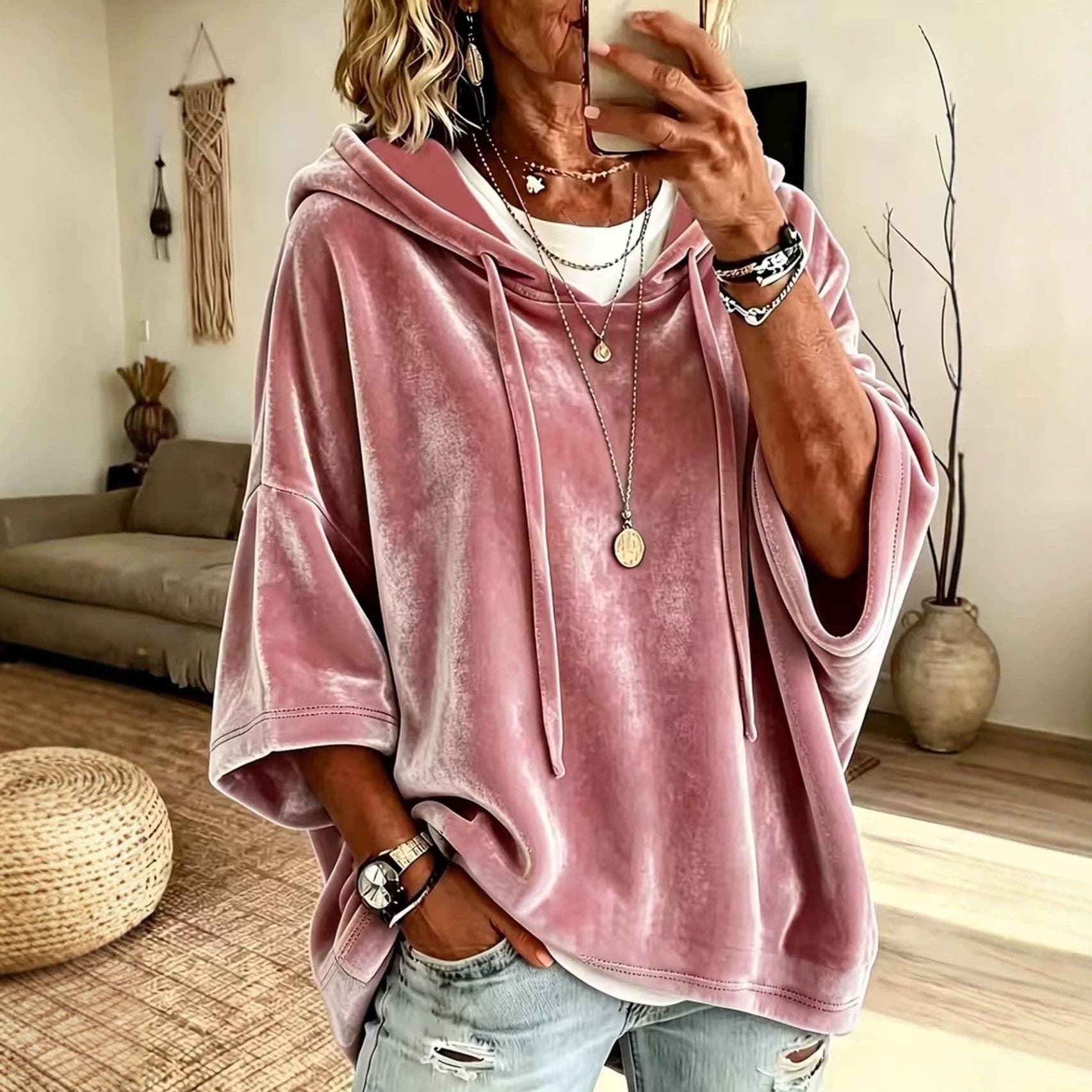 Women’s Velvet Hooded Poncho Top Oversized 3/4 Sleeve