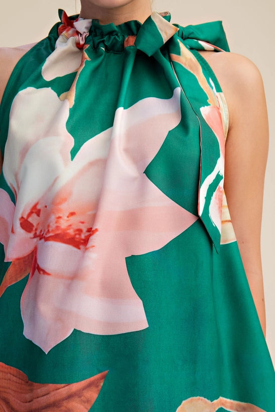 Glam Mini Dress Ruffle Neck Tie Sleeveless Floral Print