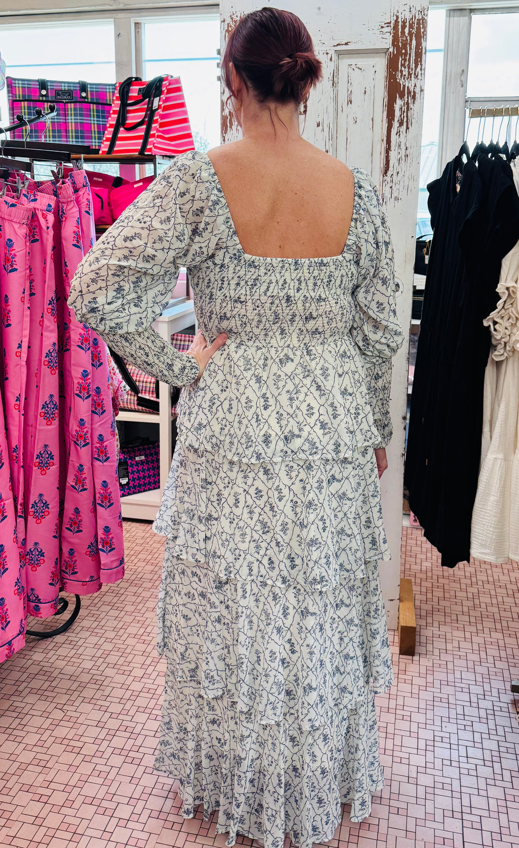 Floral Print Long Puff Sleeve Tiered Maxi Dress