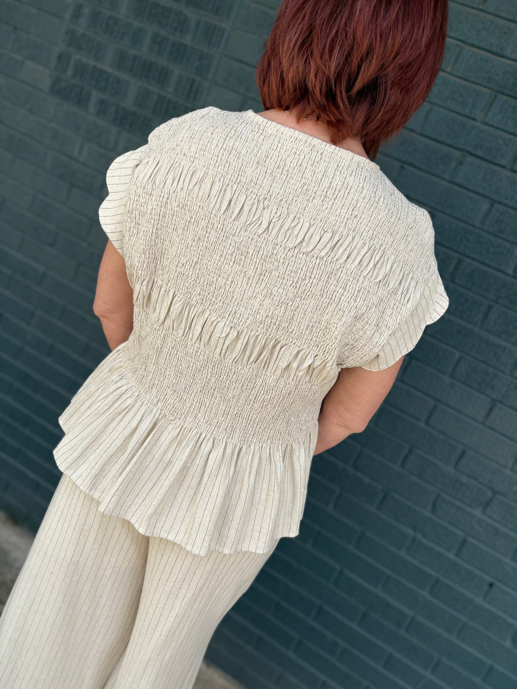 Pinstripe Smocked Flutter Sleeve Top