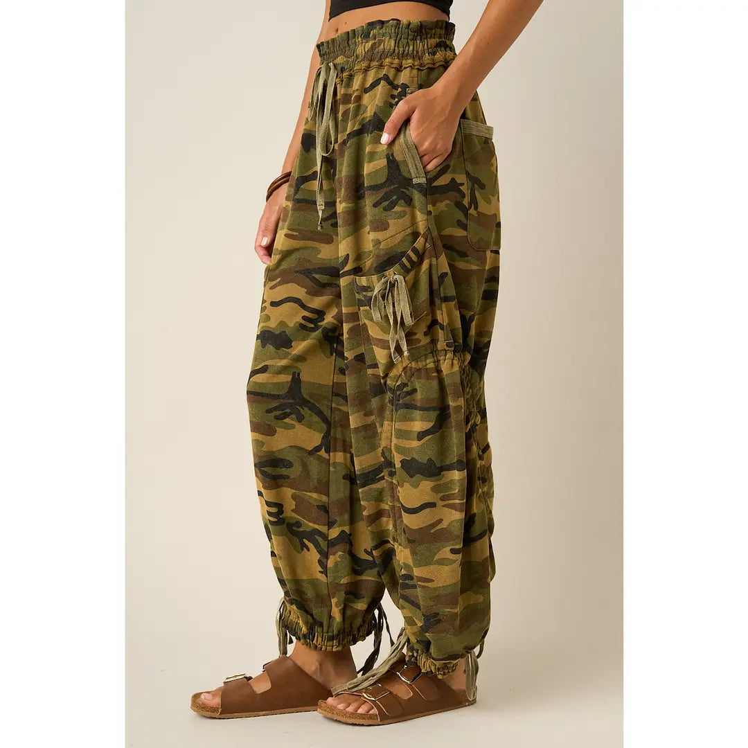 Camo Cargo Drawstring Parachute Pants