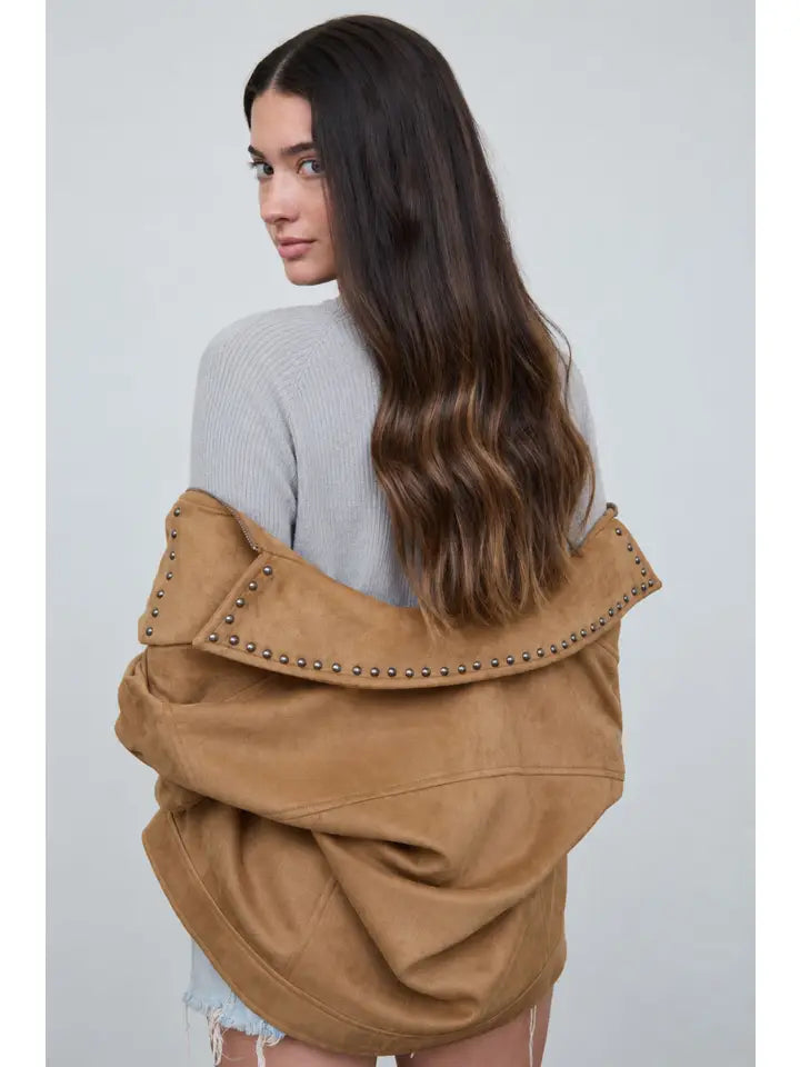 Studded Collared Zip-Up Suede Jacket