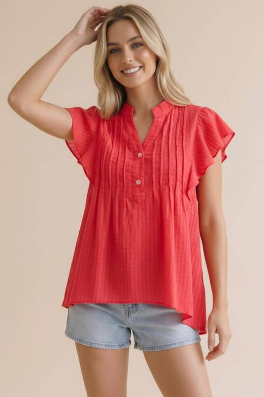 Plus Notch Neck Half Button Down Pin Tuck Woventop