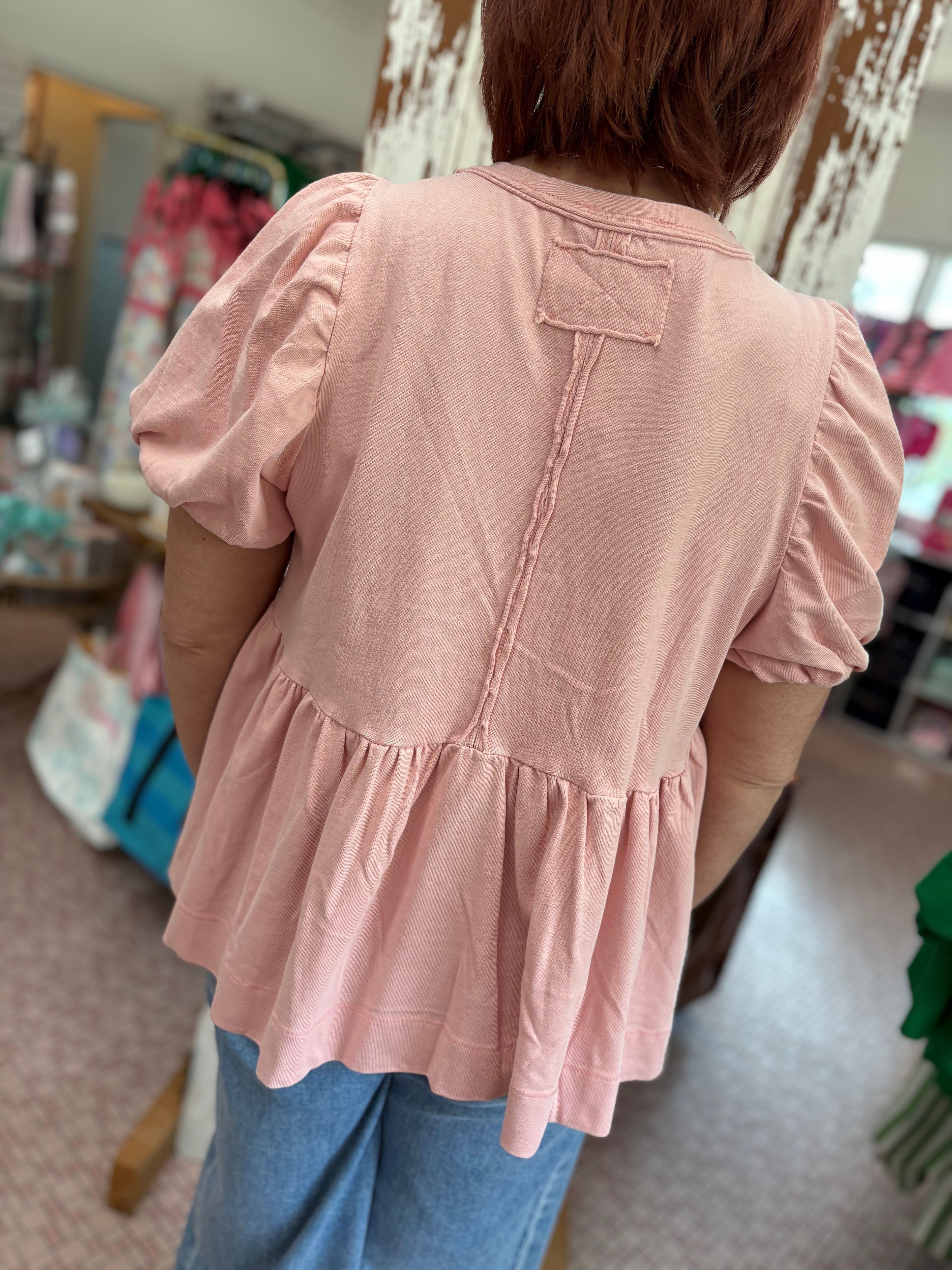 Washed Jersey Bubble Sleeve Tuck Pleat Flare Top