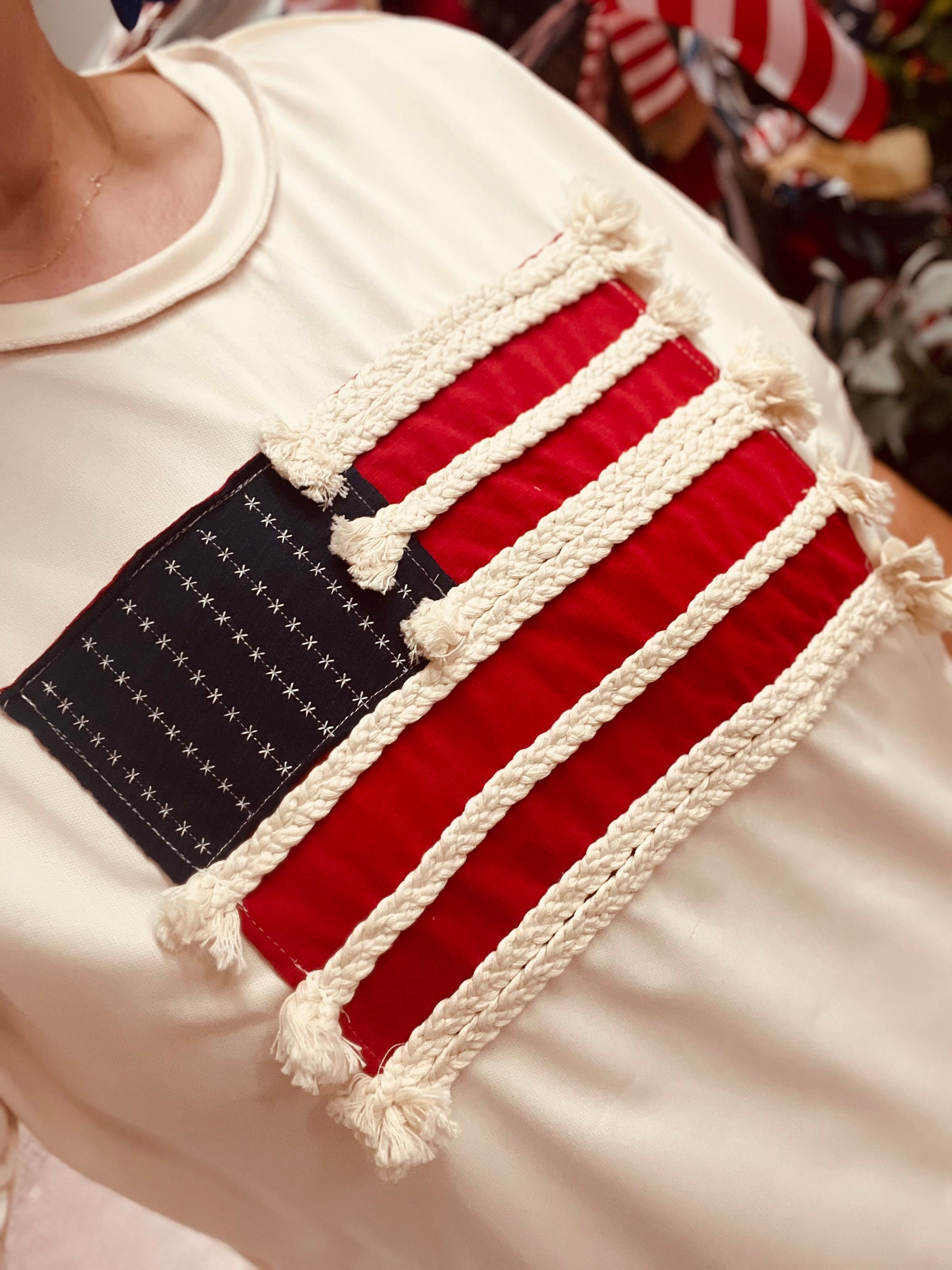 s Embroidery Braided Stripe American Flag Top PLUS
