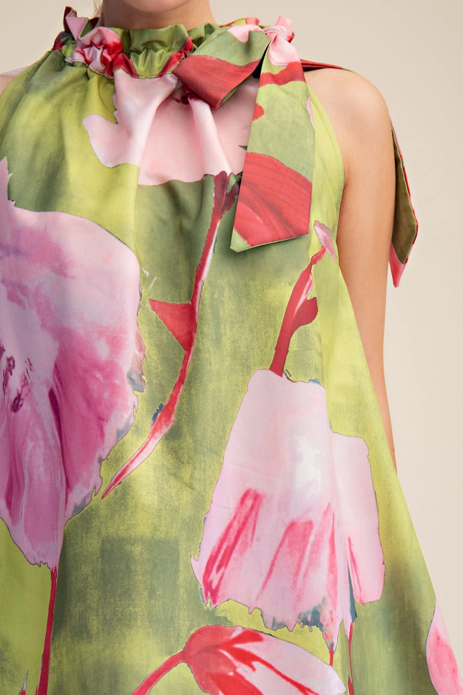 Ruffle Neck Tie Sleeveless Floral Print Mini Dress