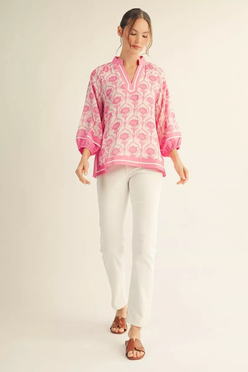 Jodifl Plus size 3/4 puff sleeves boho print top