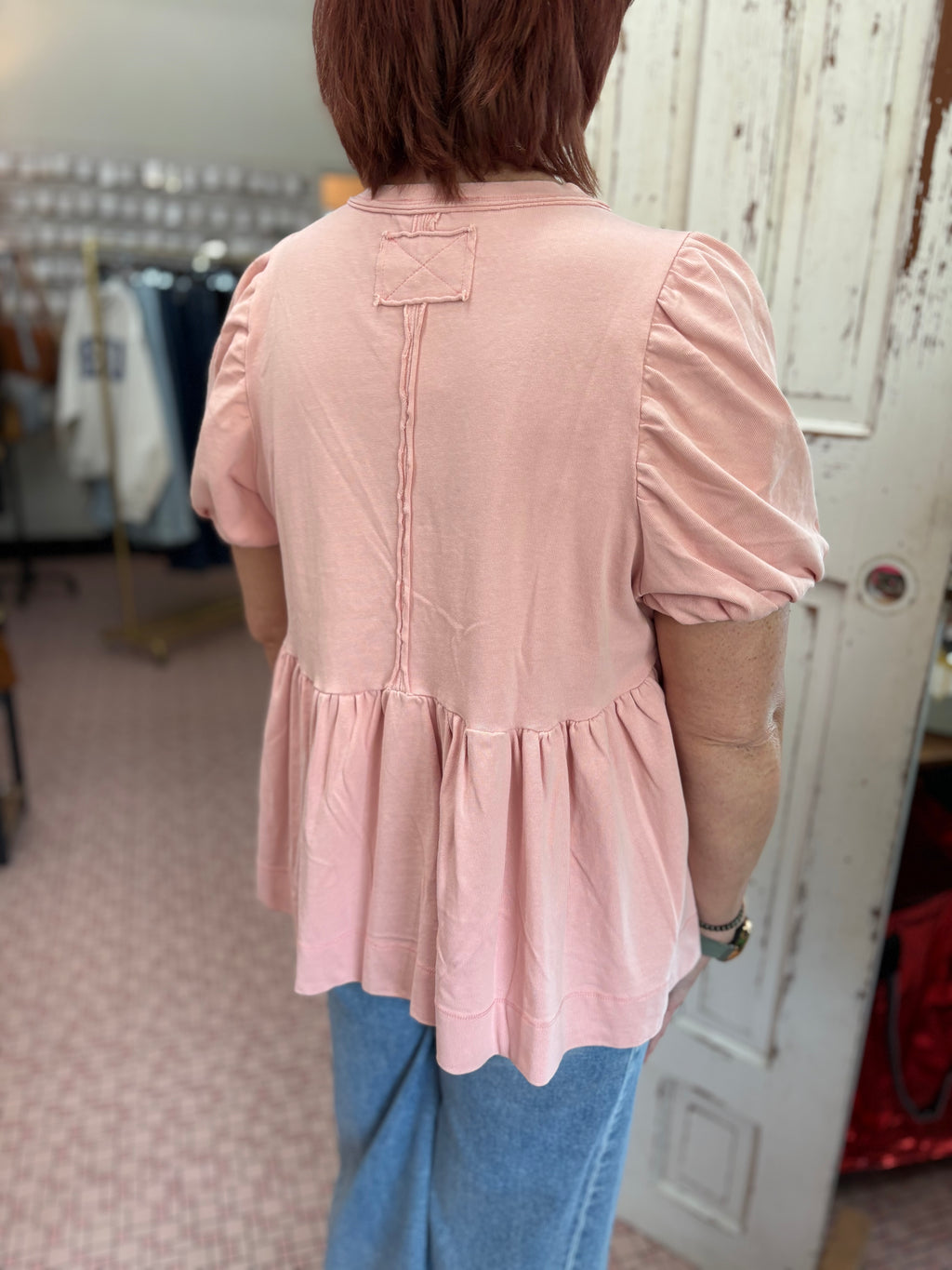 Washed Jersey Bubble Sleeve Tuck Pleat Flare Top