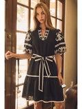 Embroidered Tiered Mini Dress- Black