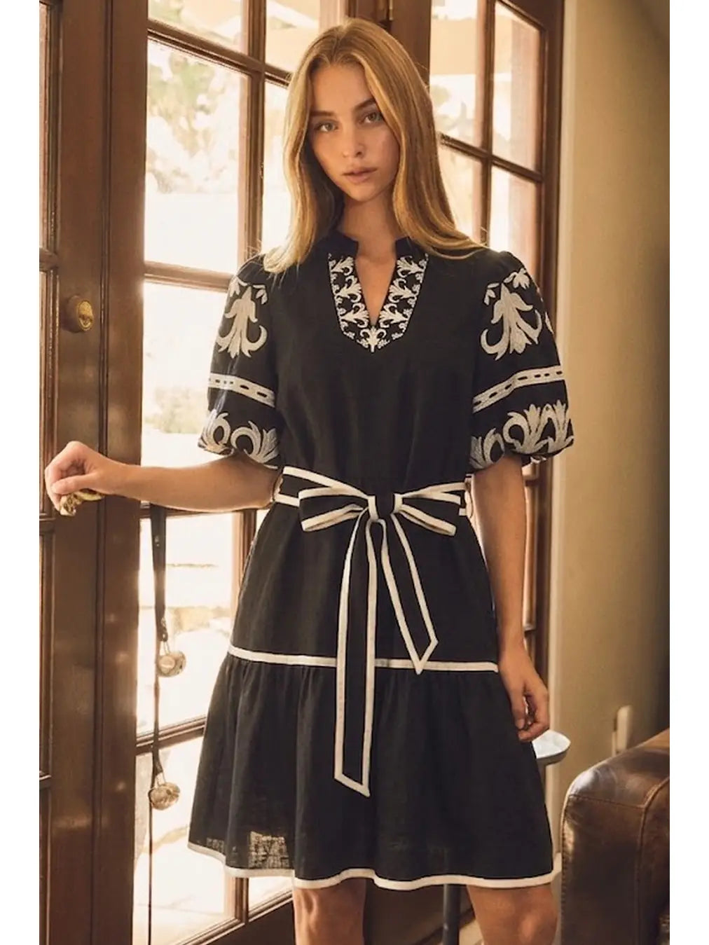 Embroidered Tiered Mini Dress- Black