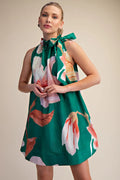 Glam Mini Dress Ruffle Neck Tie Sleeveless Floral Print