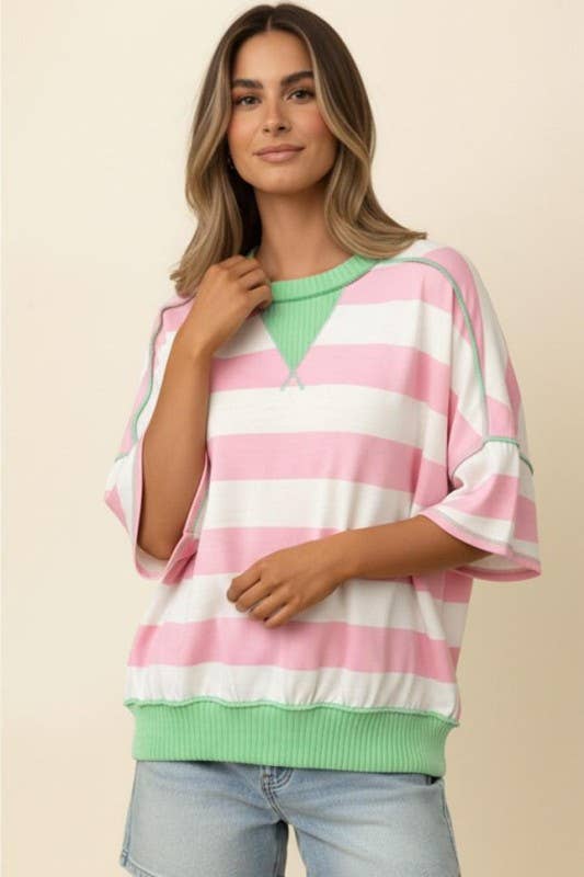 Plus Flutter Elbow Sleeve Stripe French Terry Top