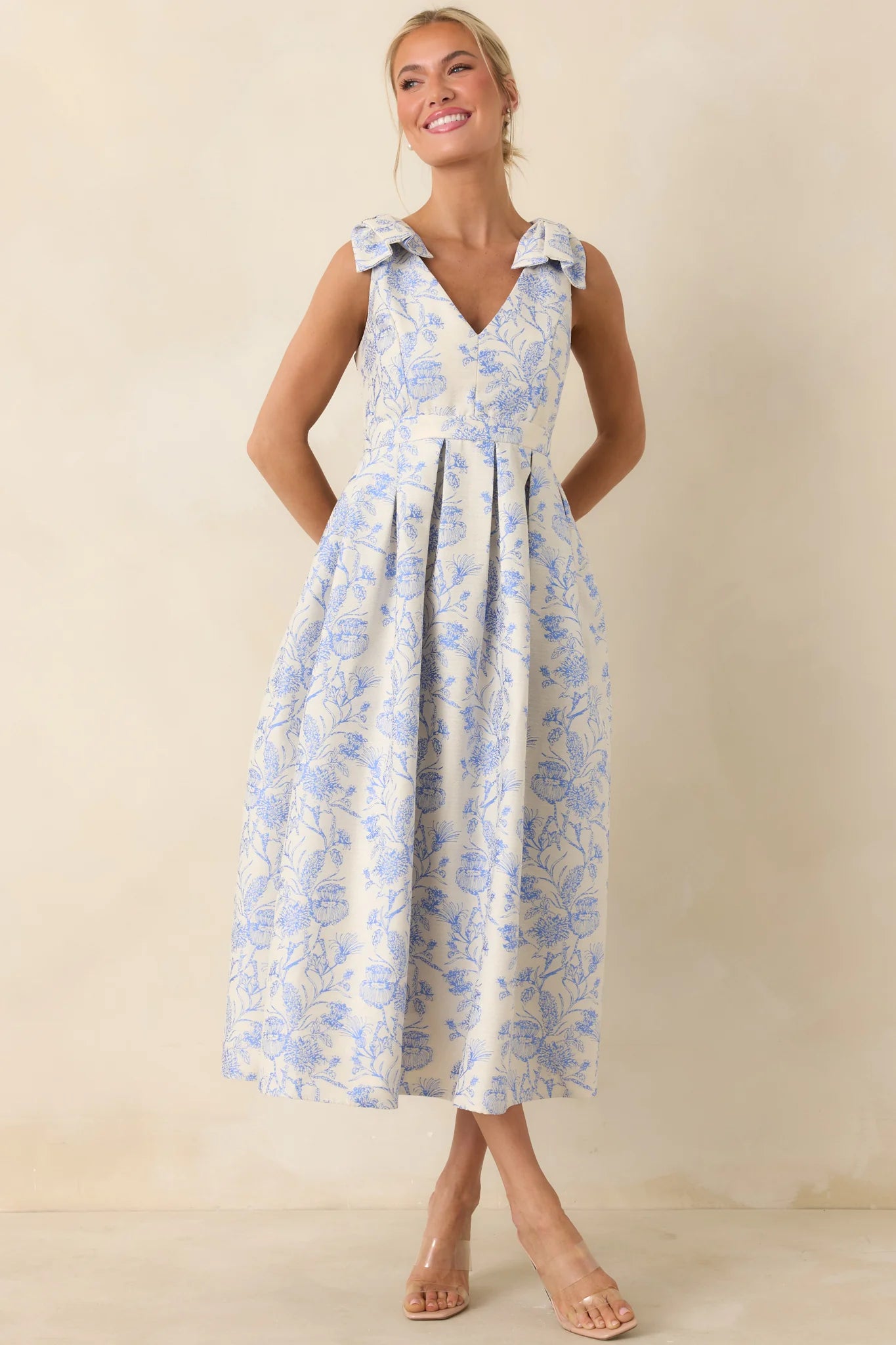 Sleeveless Bow Shoulder Floral Print Dress