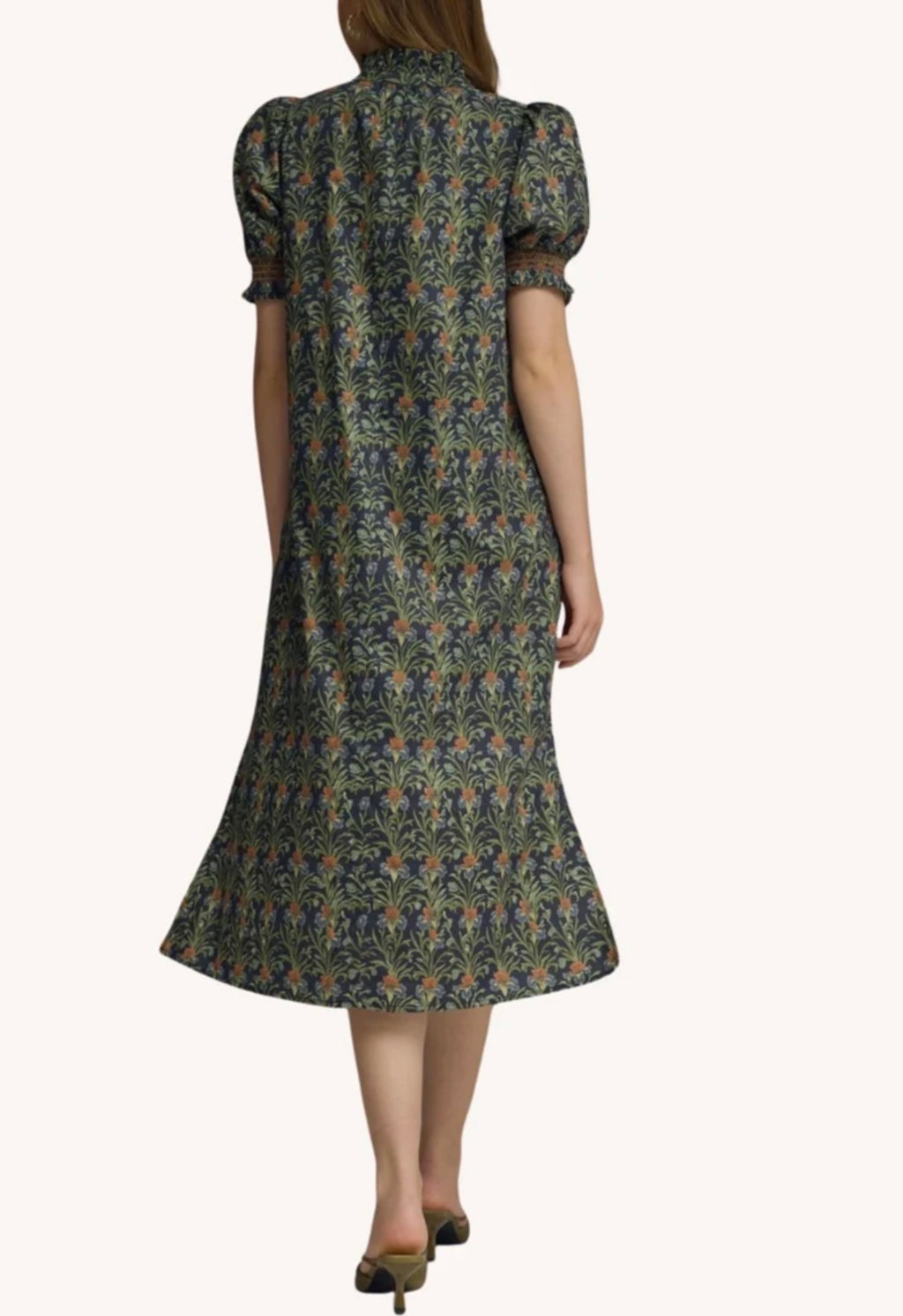 Floral print short puff sleeve midi dress