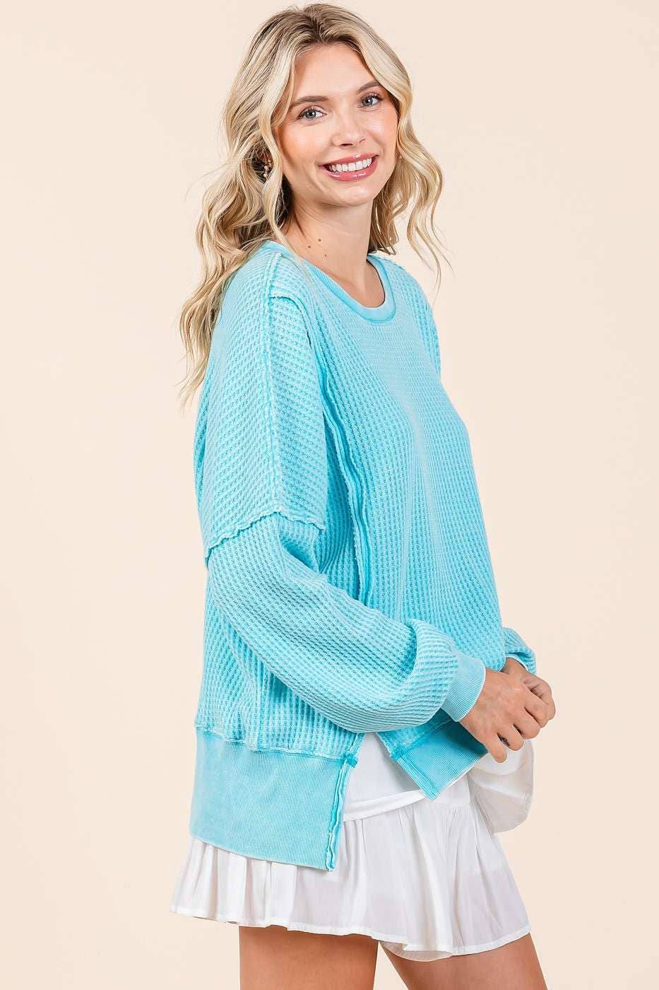 MINERAL WASH WAFFLE DOLMAN LONG SLEEVE TOP