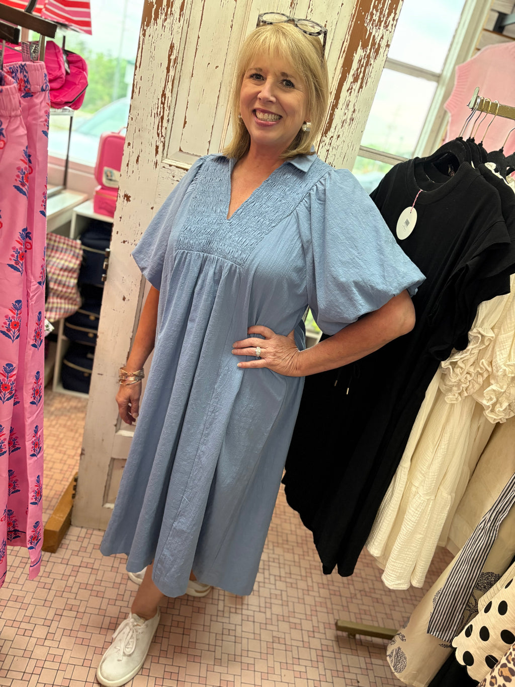 Smocked Front Yoke Midi Dressing