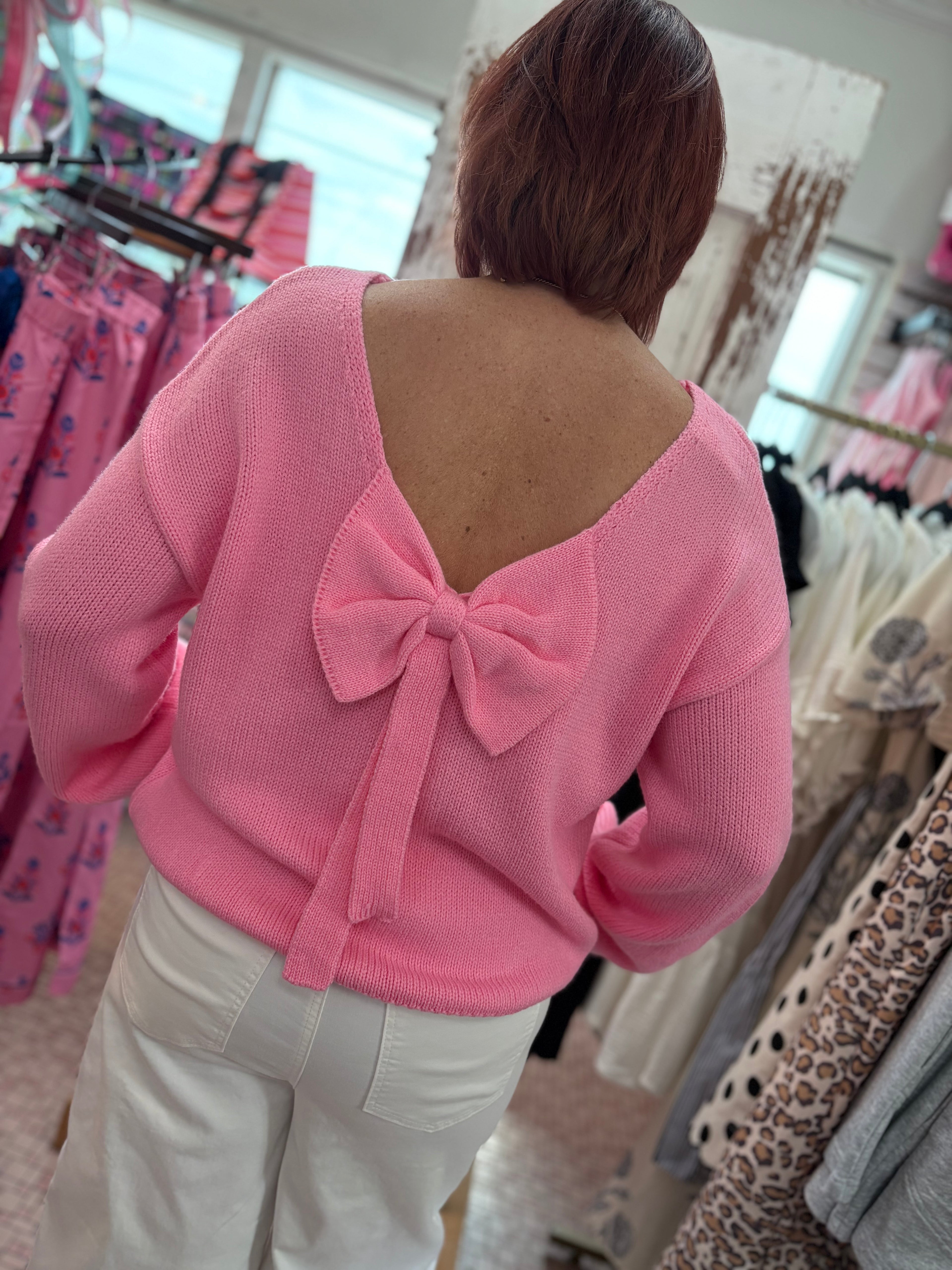 Backless Bubble Sleeve Back Bow Sweater
