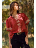 Solid Embroidered Short Bubble Sleeve Blouse Plus