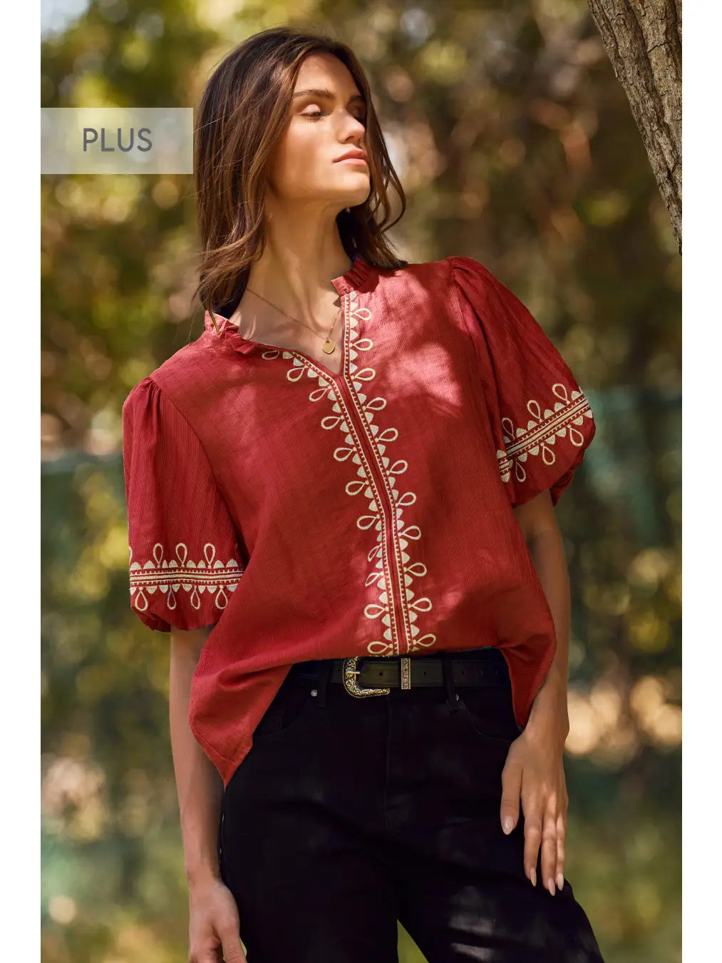 Solid Embroidered Short Bubble Sleeve Blouse Plus
