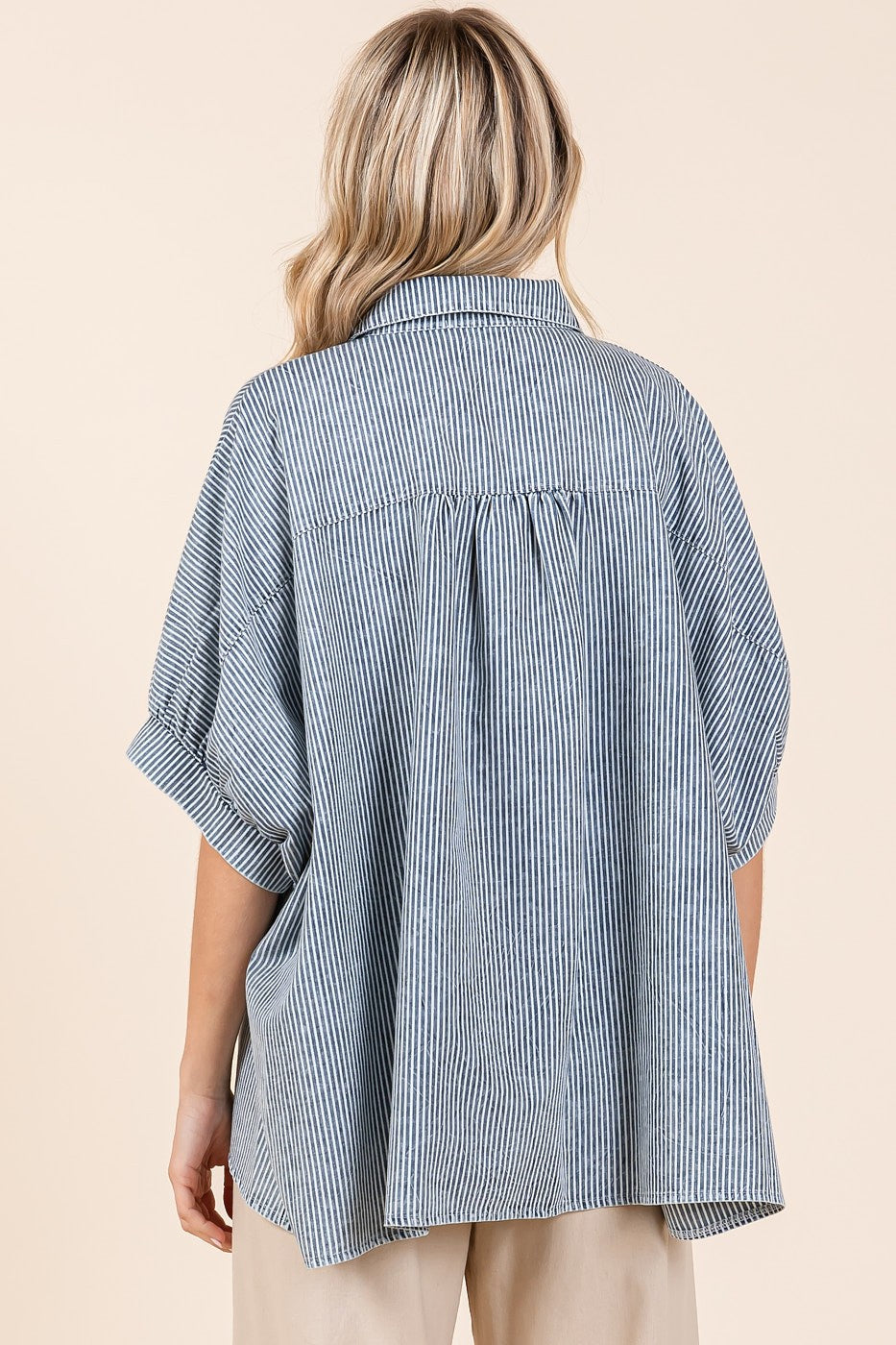 Washed Striped Print Dolman Button Down Shirt