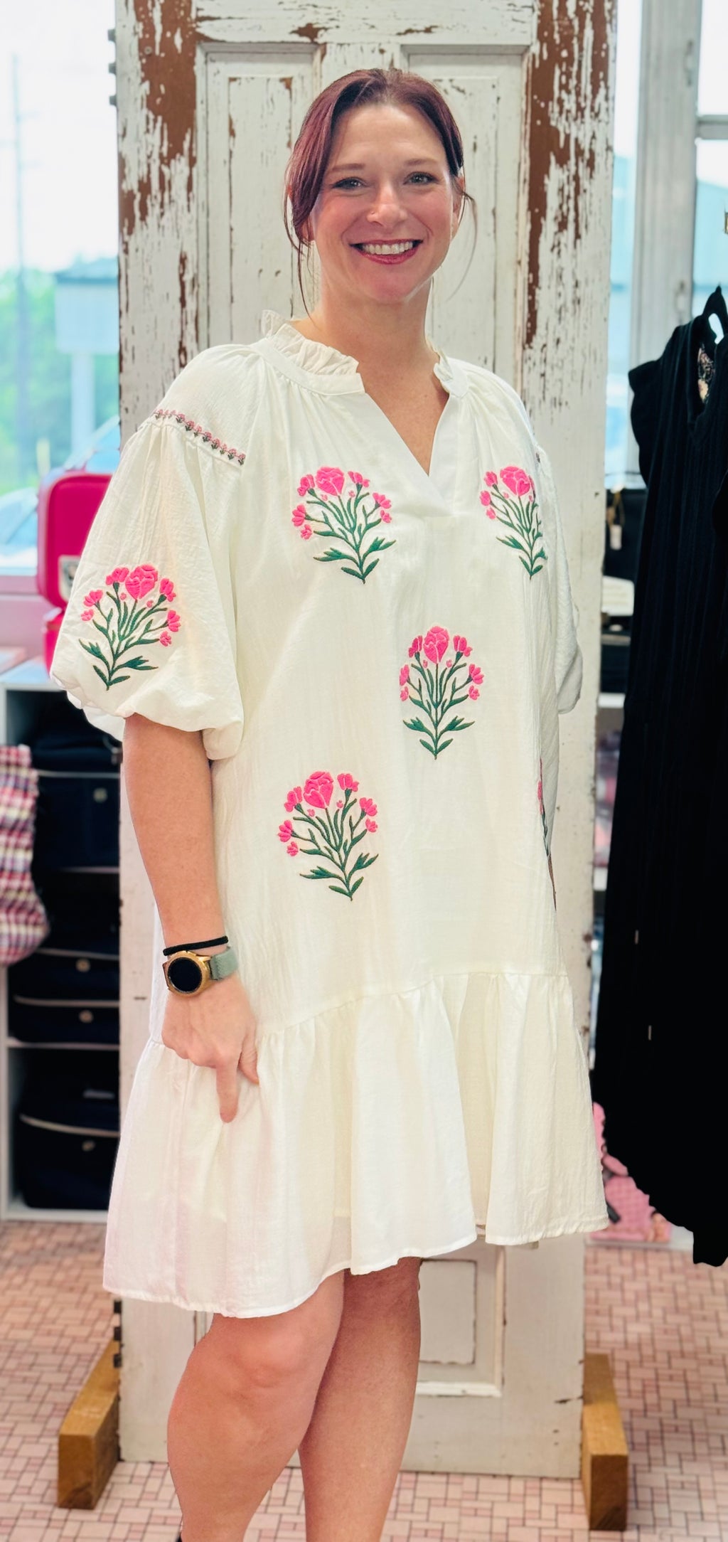 Boho Floral Embroidered Mini Dress-Plus