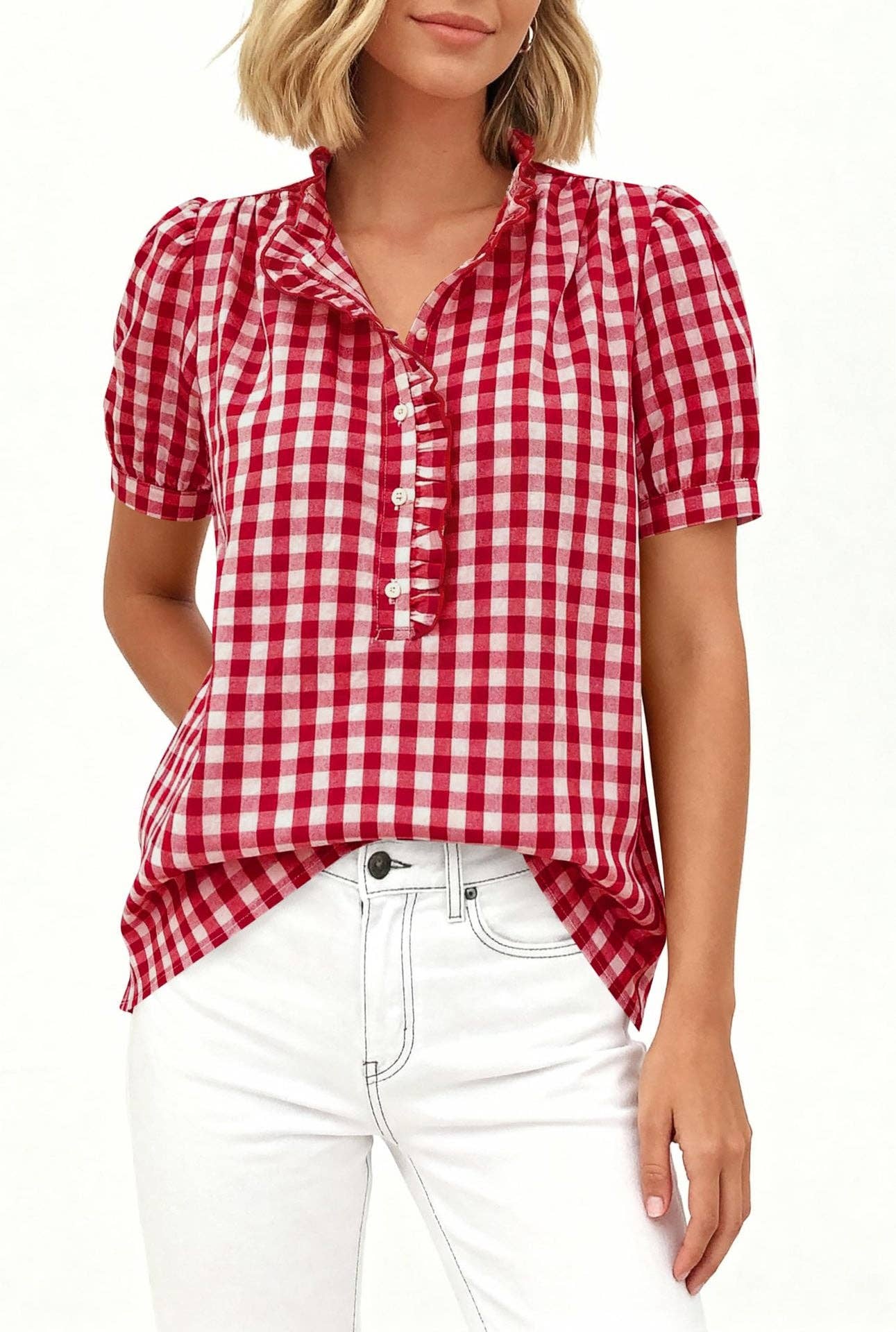 Gingham Ruffle Puff Sleeve Button Blouse Top