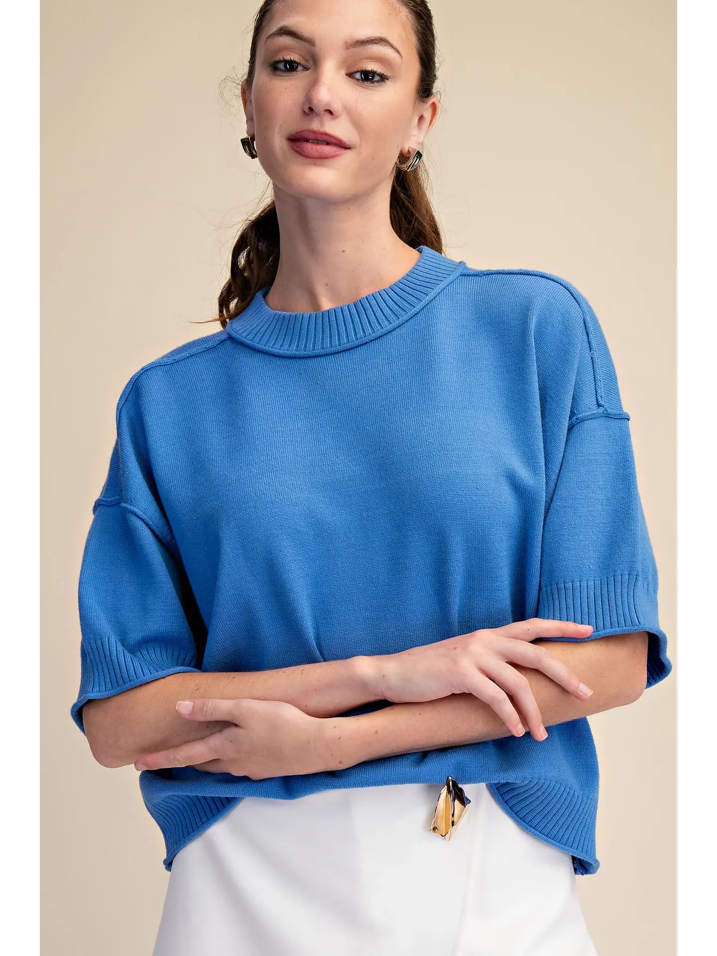 Crew-Neck Elbow-Length Sleeves Sweater