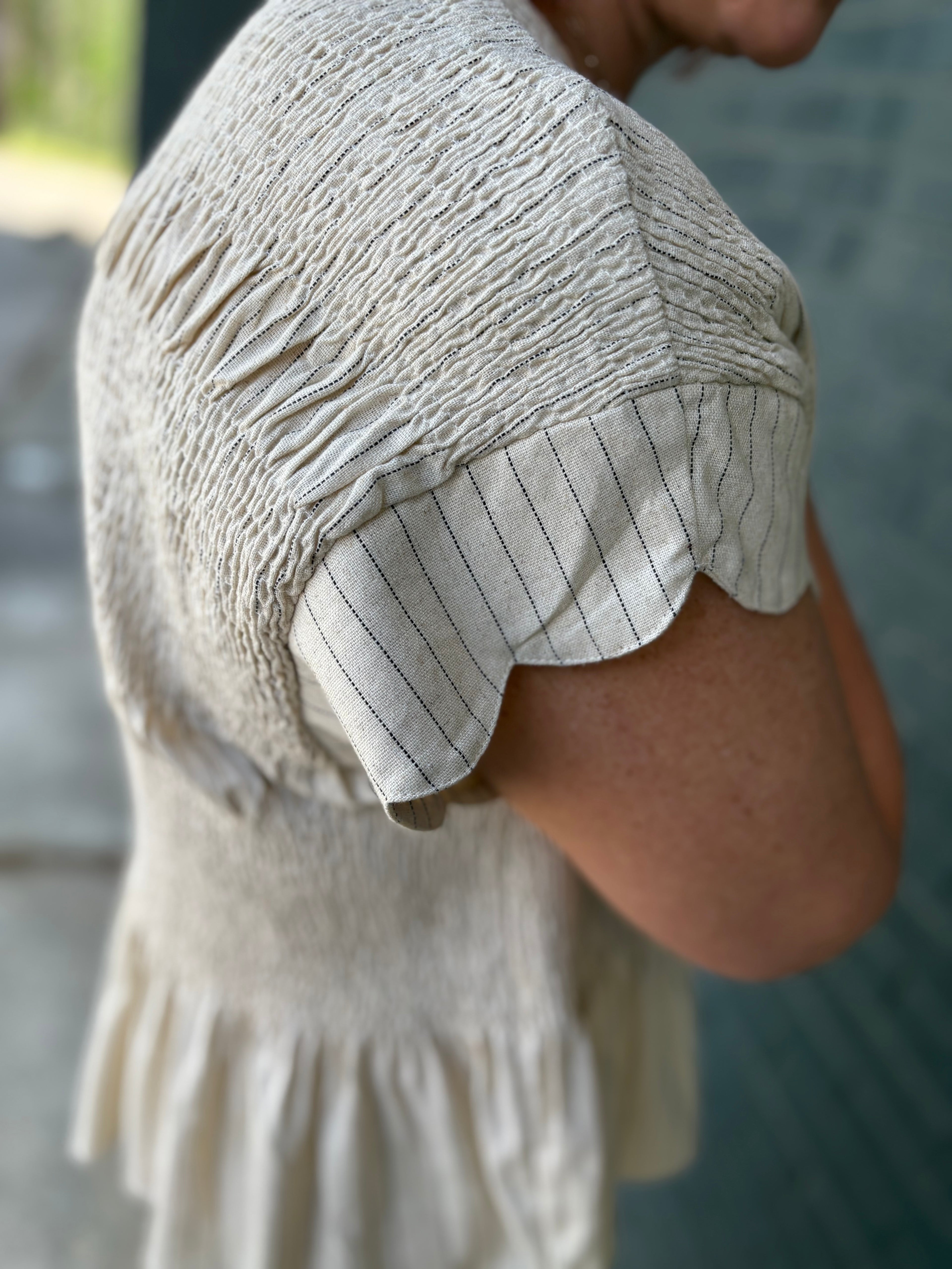 Pinstripe Smocked Flutter Sleeve Top