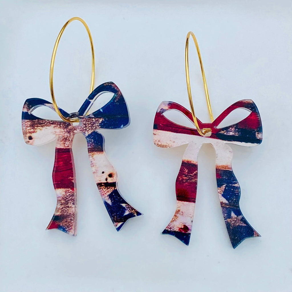 Old Glory Patriotic Bow Hoop Earrings - American Flag 
