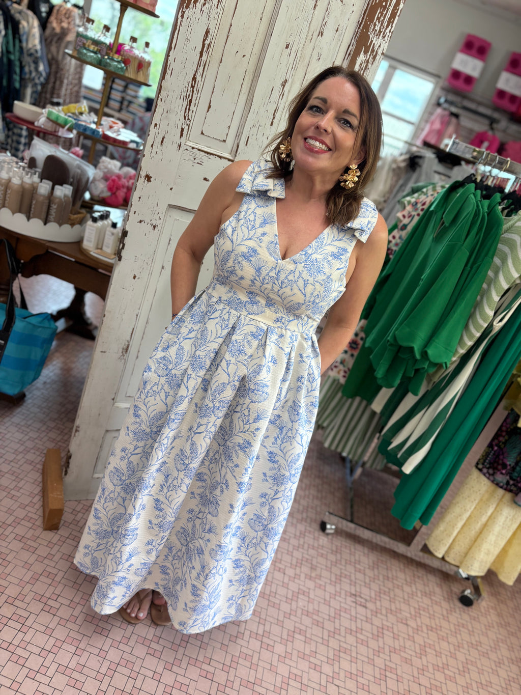 Sleeveless Bow Shoulder Floral Print Dress