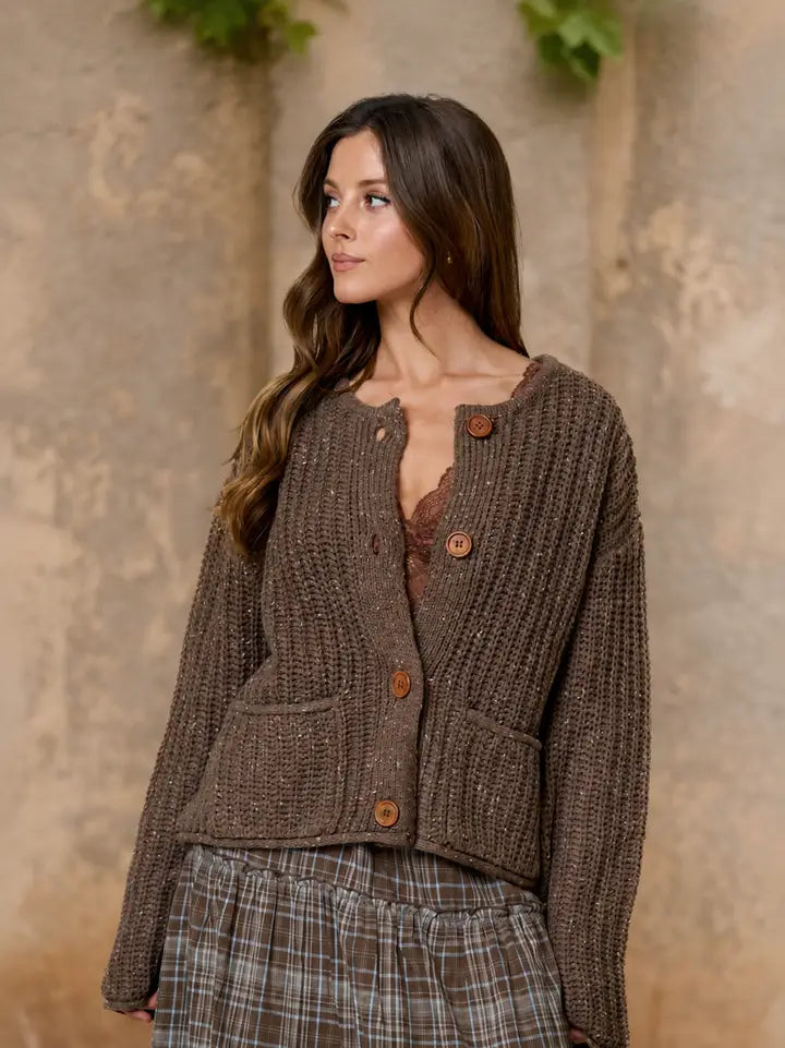 Marled Button Down Raw Edge Chunky Knit Cardigan
