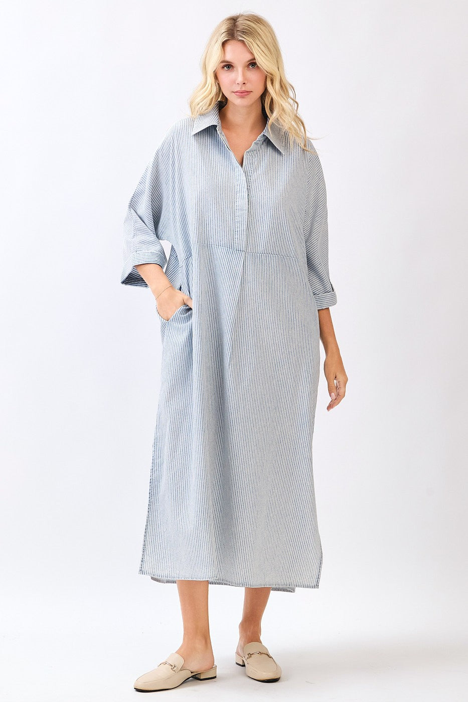 Washed Striped Print Collared Maxi Shirt Dress