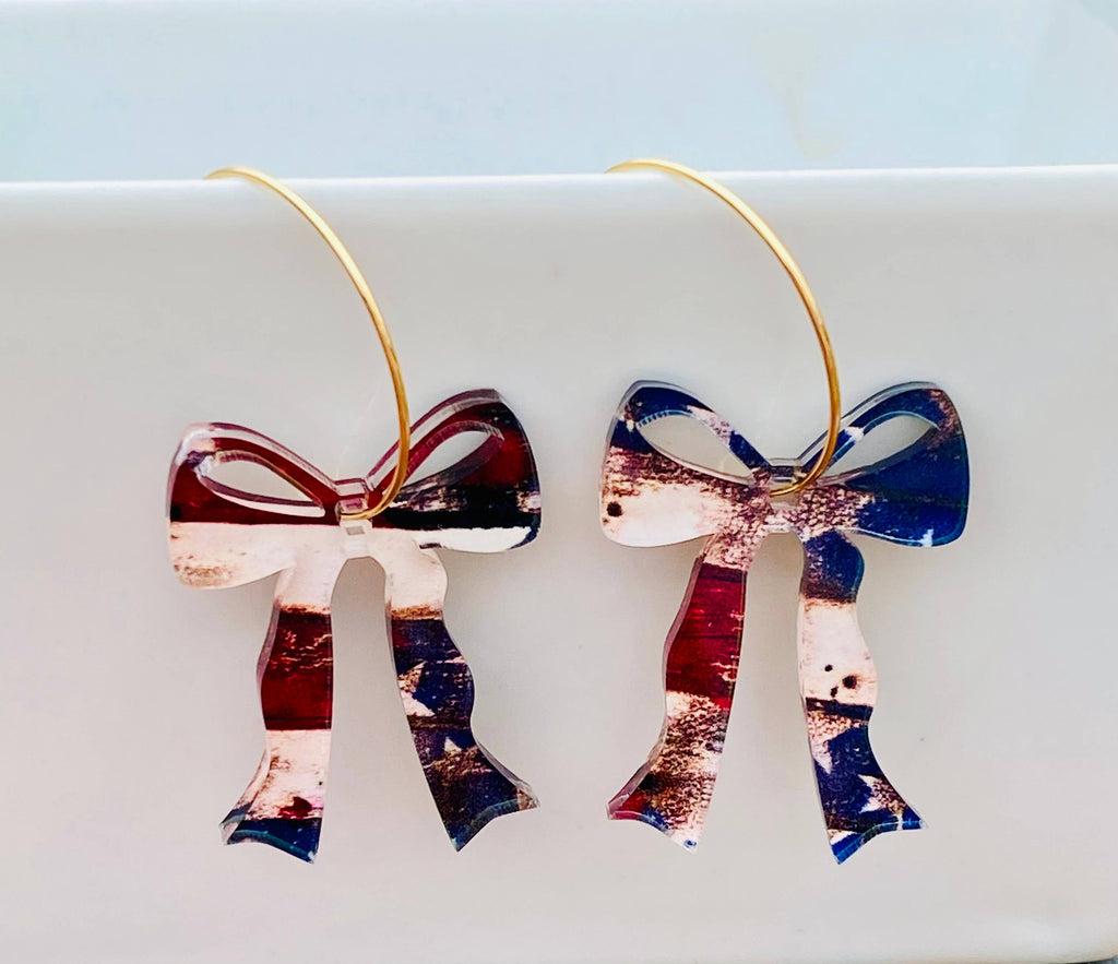 Old Glory Patriotic Bow Hoop Earrings - American Flag 