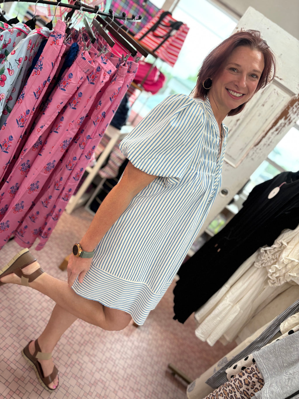 Puff Sleeve Pintuck Detail Striped Woven Dress
