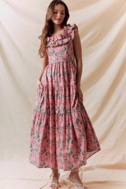 Floral Printed Ruffle Sleeve Maxi Dress