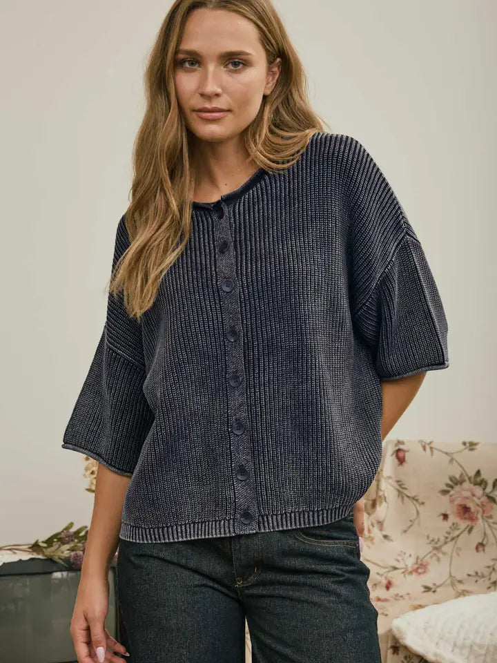 Washed Ribbed Short Sleeve Rolled Edge Cardigan