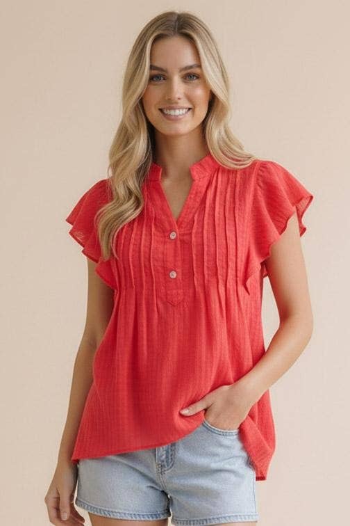 Plus Notch Neck Half Button Down Pin Tuck Woventop
