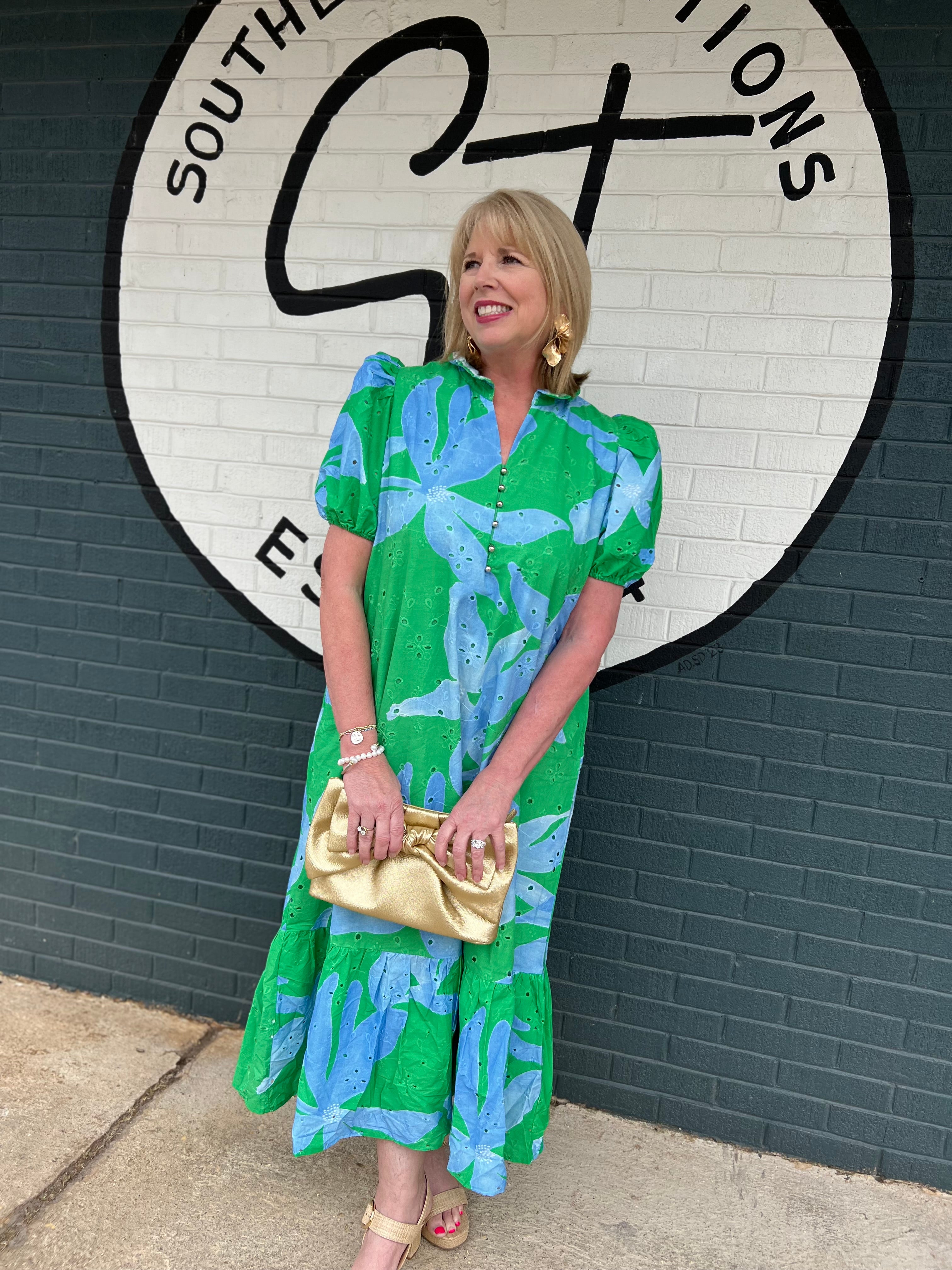 Entro Botanical print puff sleeve eyelit midi dress
