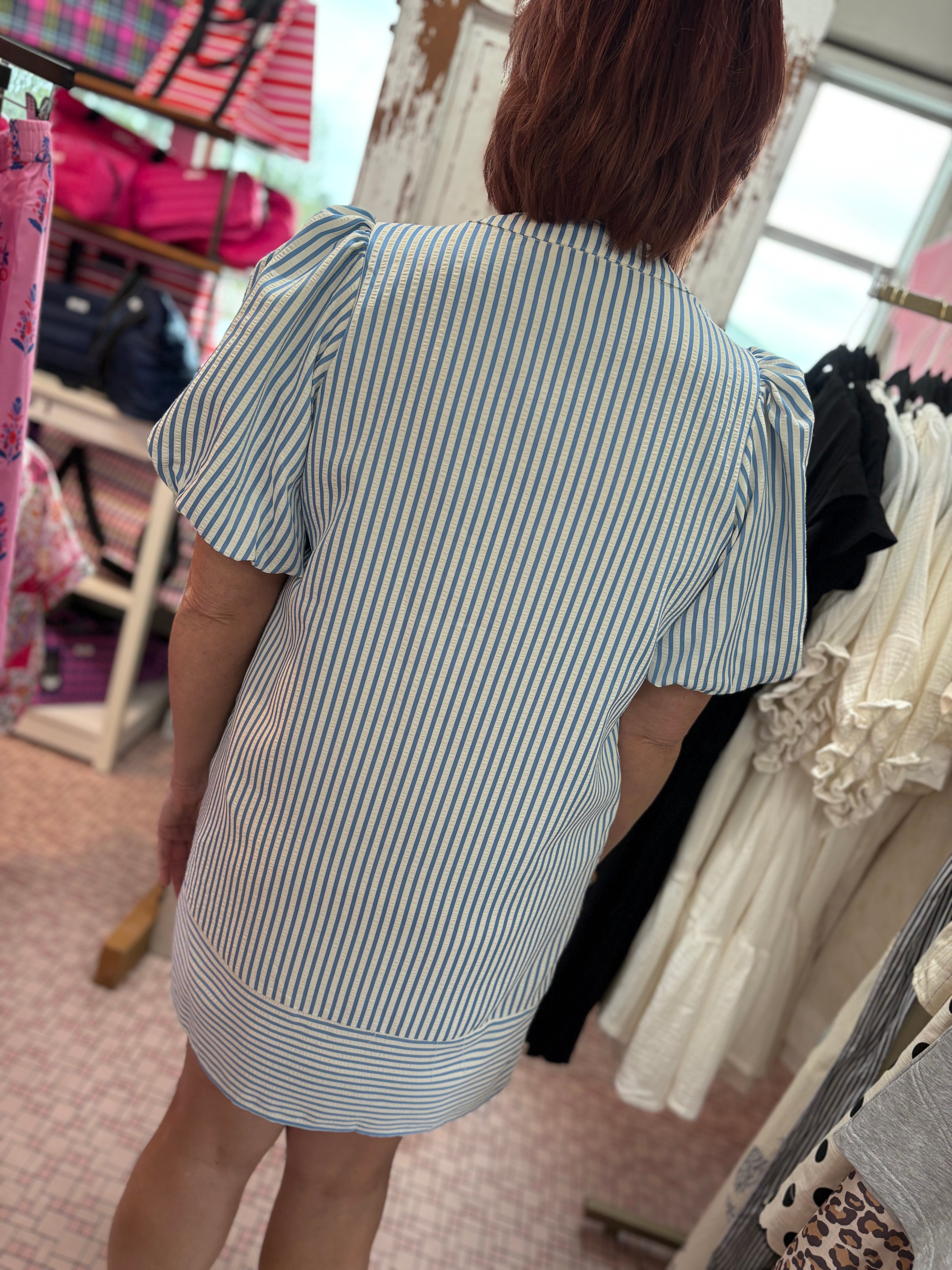 Puff Sleeve Pintuck Detail Striped Woven Dress