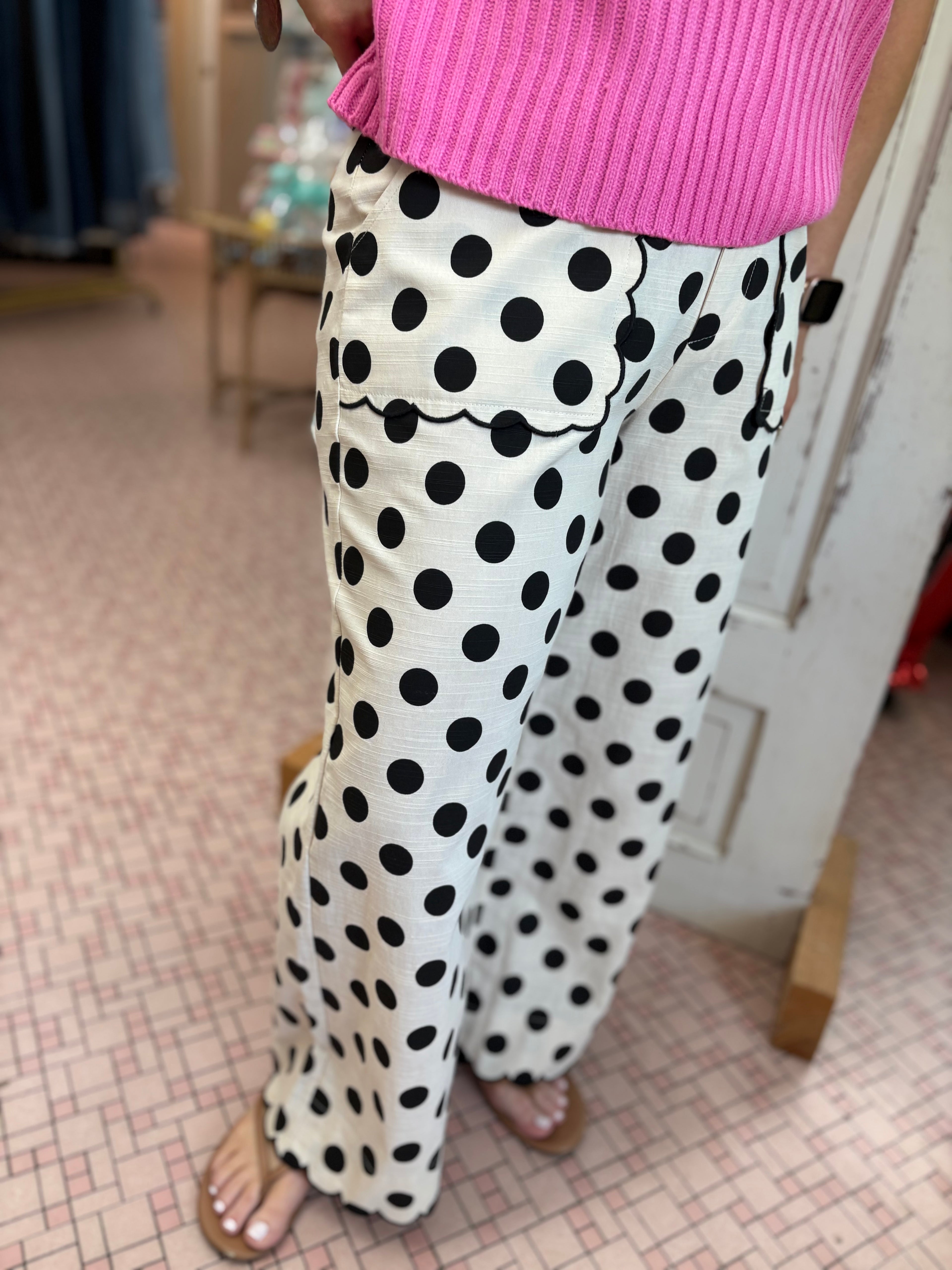 Embroidered Scallop Edge Detailed Polka Dot Pants