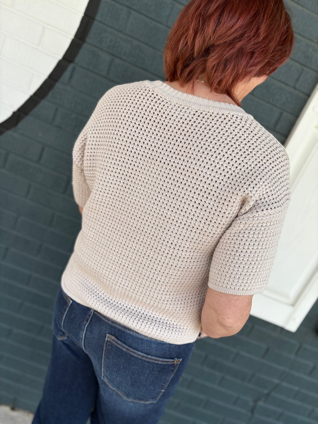Waffle Knit Boxy Short Sleeve Sweater