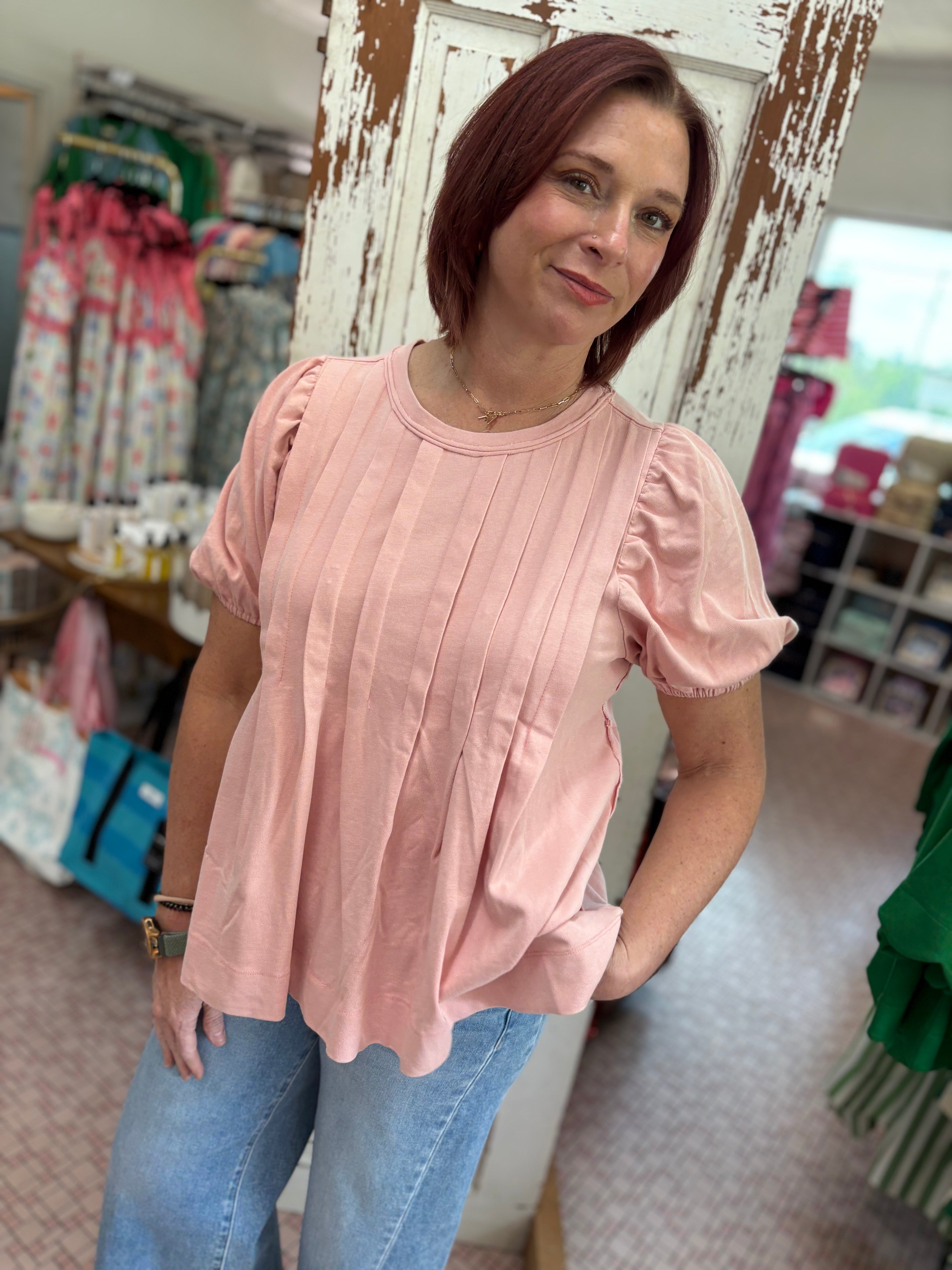 Washed Jersey Bubble Sleeve Tuck Pleat Flare Top