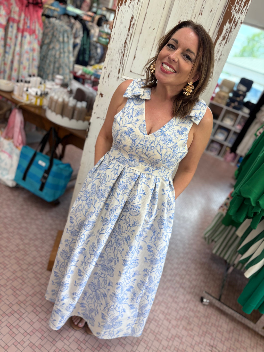 Sleeveless Bow Shoulder Floral Print Dress